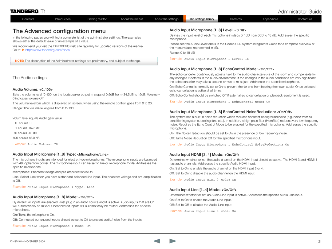 TANDBERG T1 manual Advanced configuration menu, Audio settings 