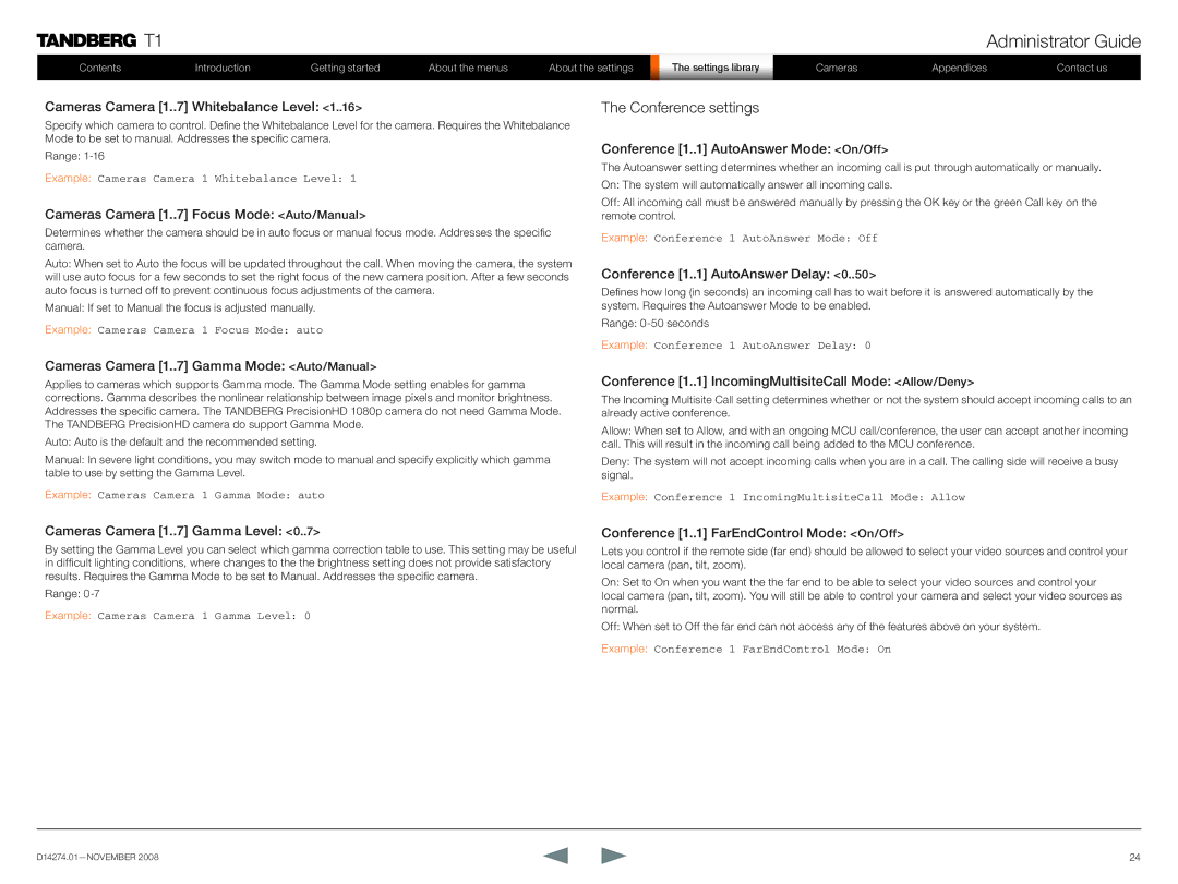 TANDBERG T1 manual Conference settings 