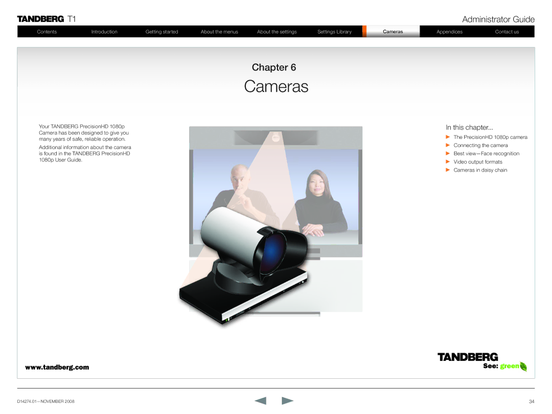 TANDBERG T1 manual Cameras, Chapter 