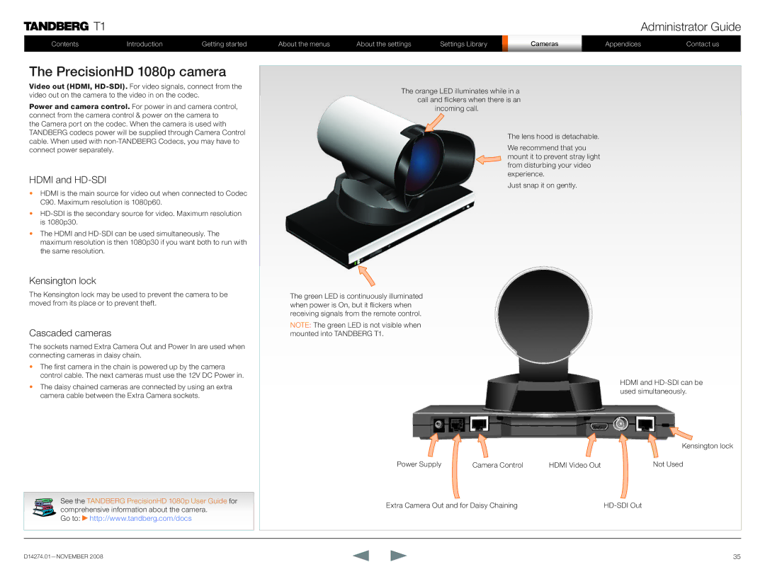 TANDBERG T1 manual PrecisionHD 1080p camera, Hdmi and HD-SDI, Kensington lock, Cascaded cameras 