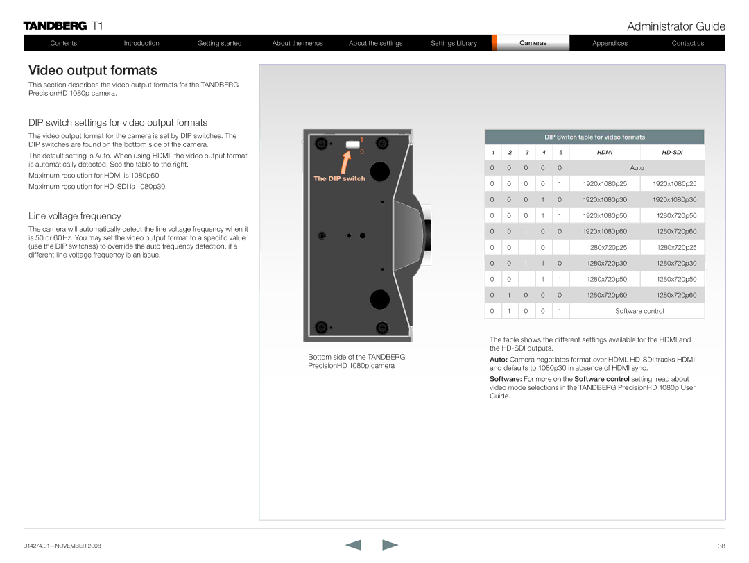 TANDBERG T1 manual Video output formats, DIP switch settings for video output formats, Line voltage frequency 