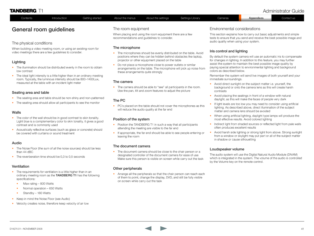 TANDBERG T1 manual General room guidelines, Physical conditions, Room equipment, Environmental considerations 