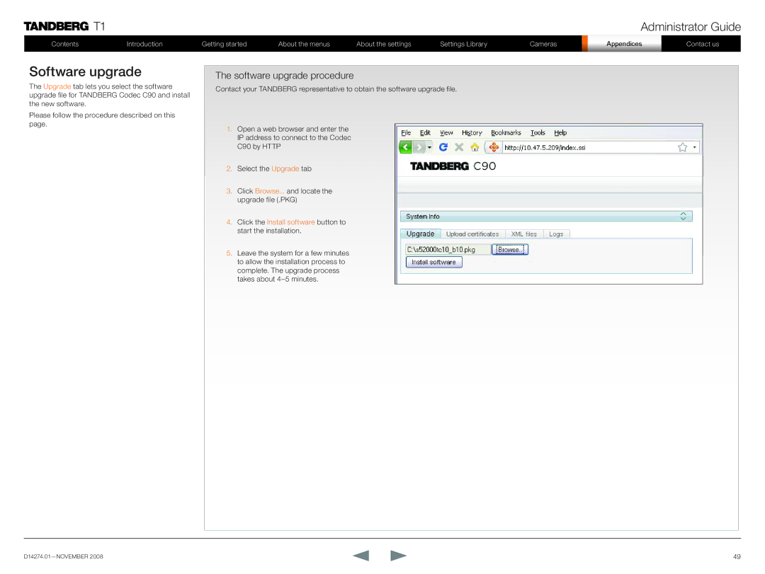 TANDBERG T1 manual Software upgrade procedure 