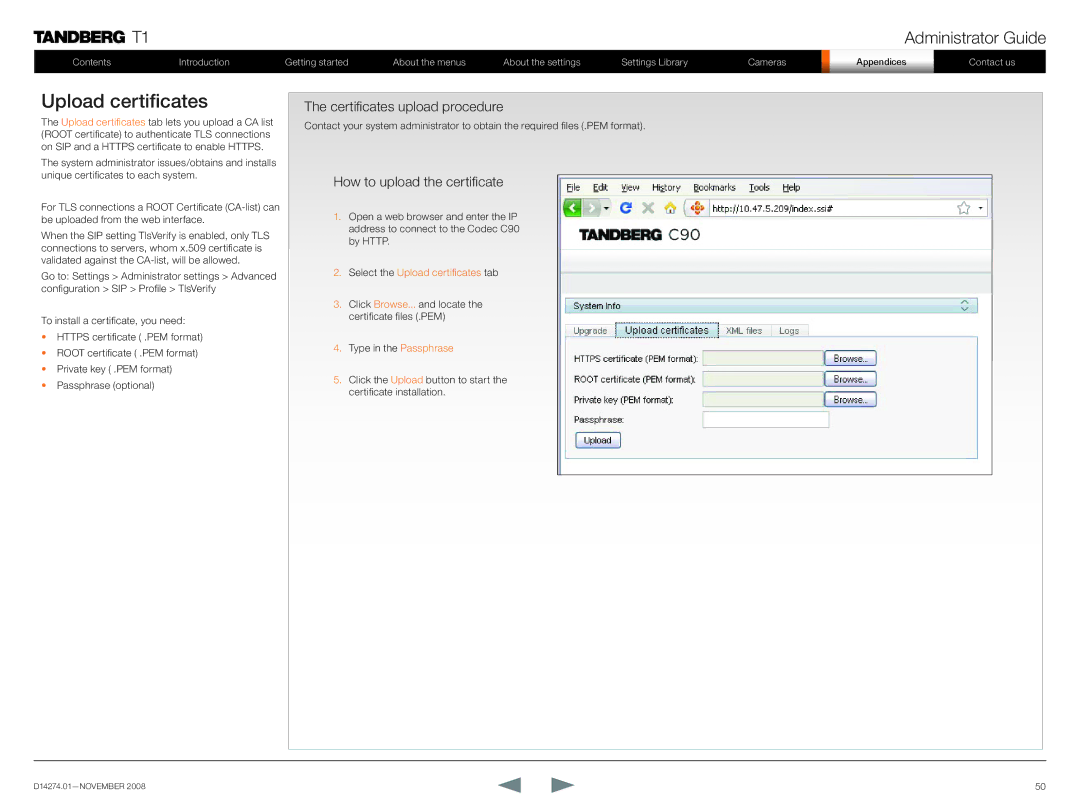 TANDBERG T1 manual Upload certificates, Certificates upload procedure, How to upload the certificate 