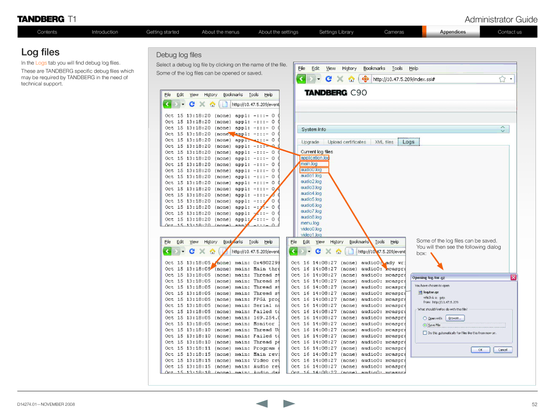 TANDBERG T1 manual Log files, Debug log files 