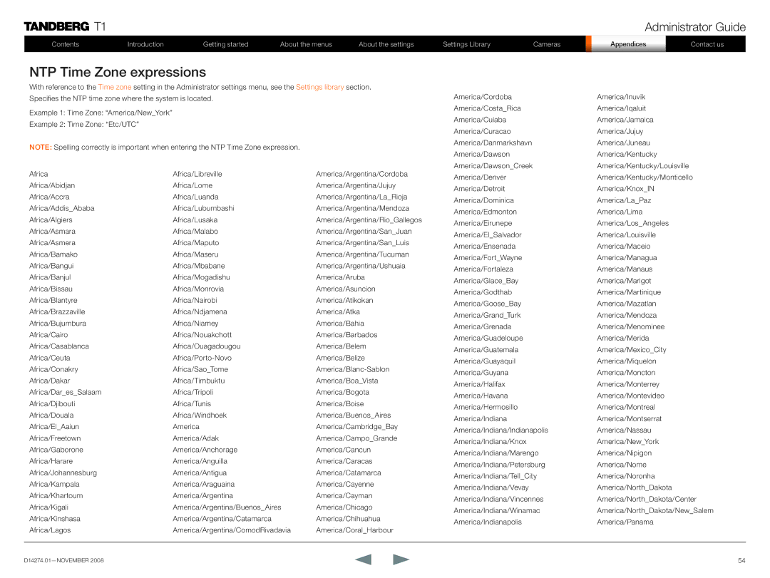 TANDBERG T1 manual NTP Time Zone expressions 