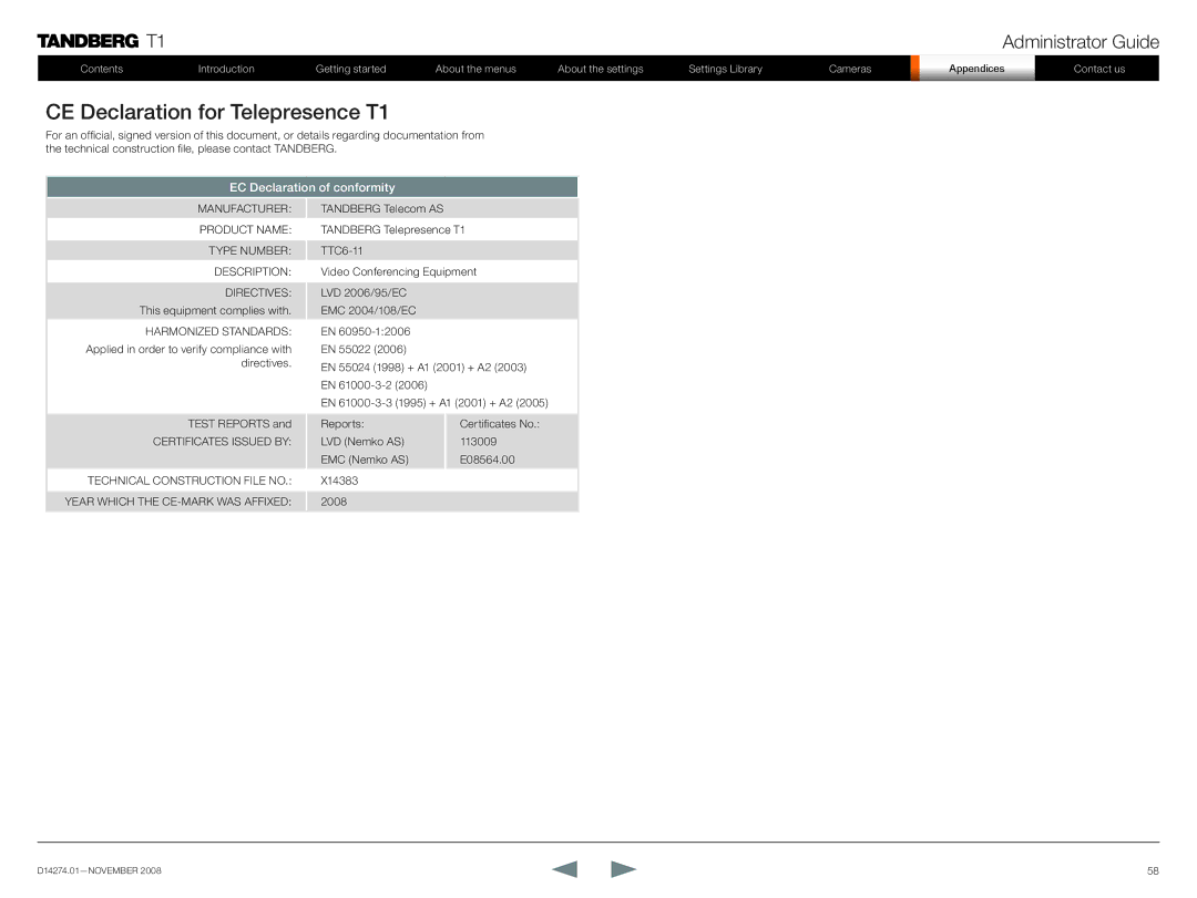 TANDBERG manual CE Declaration for Telepresence T1 