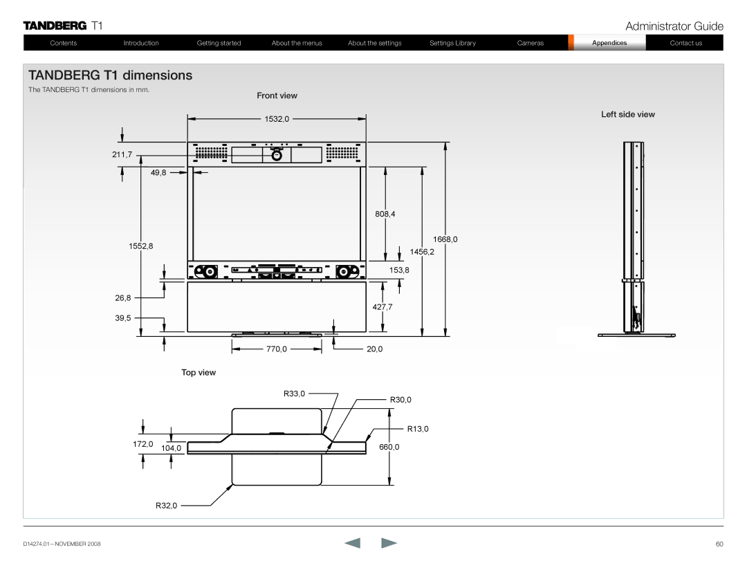 TANDBERG manual Tandberg T1 dimensions, Front view, Left side view, Top view 