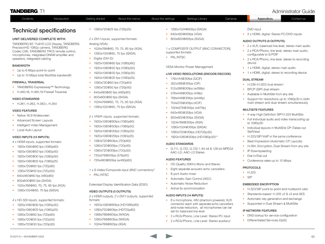 TANDBERG T1 manual Technical specifications, Unit Delivered Complete with, Pal/Ntsc 