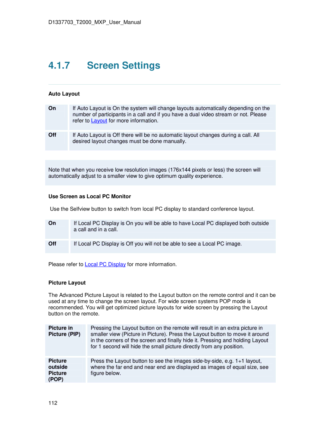 TANDBERG T2000 MXP user manual Screen Settings 