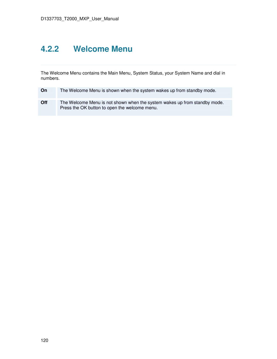 TANDBERG T2000 MXP user manual Welcome Menu 