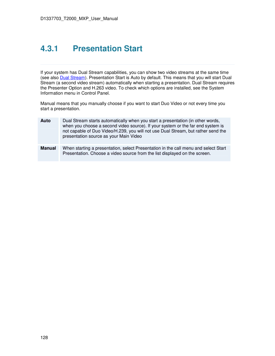 TANDBERG T2000 MXP user manual Presentation Start, Auto 