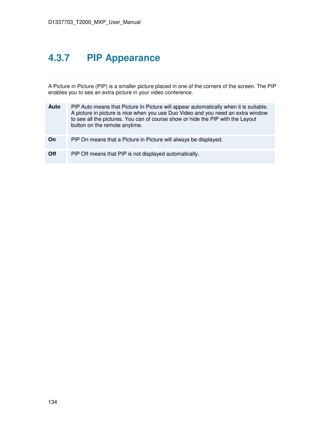 TANDBERG T2000 MXP user manual PIP Appearance, Off PIP Off means that PIP is not displayed automatically 