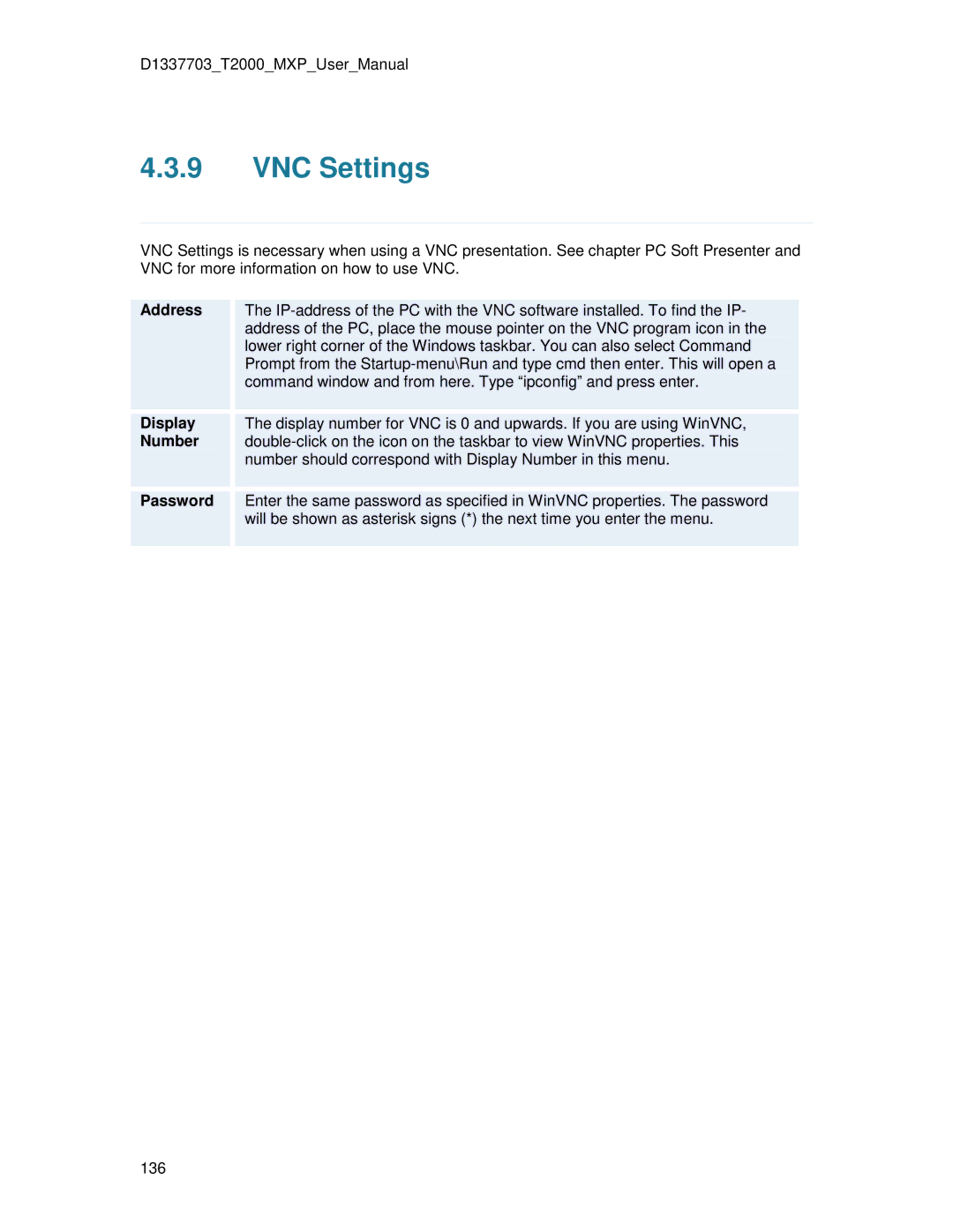 TANDBERG T2000 MXP user manual VNC Settings, Display Number, Password 