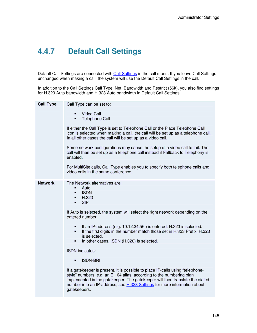 TANDBERG T2000 MXP user manual Default Call Settings, Call Type 