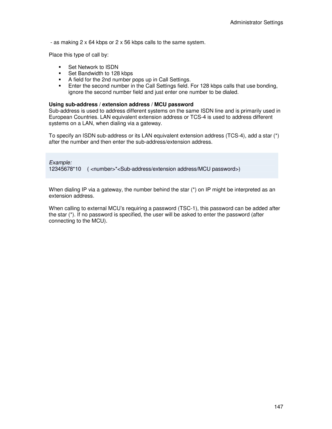 TANDBERG T2000 MXP user manual Using sub-address / extension address / MCU password, Example 