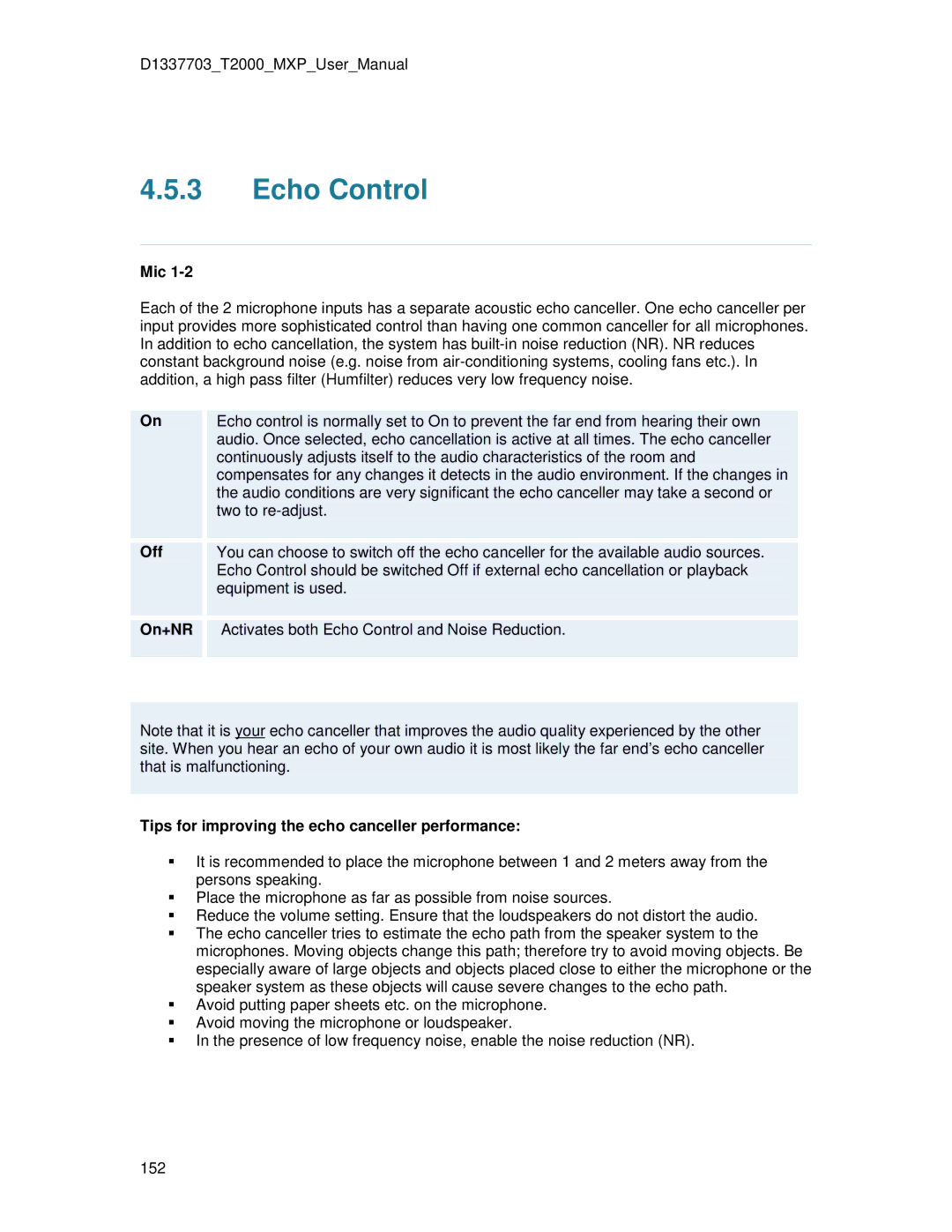 TANDBERG T2000 MXP user manual Echo Control, Mic, On+NR, Tips for improving the echo canceller performance 