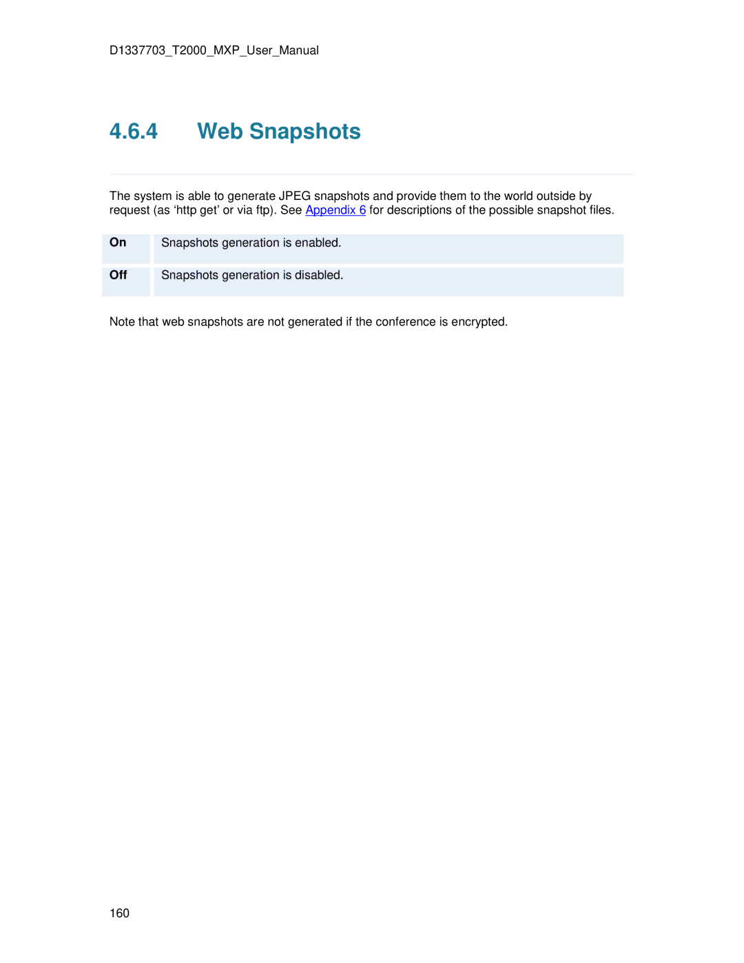 TANDBERG T2000 MXP user manual Web Snapshots 