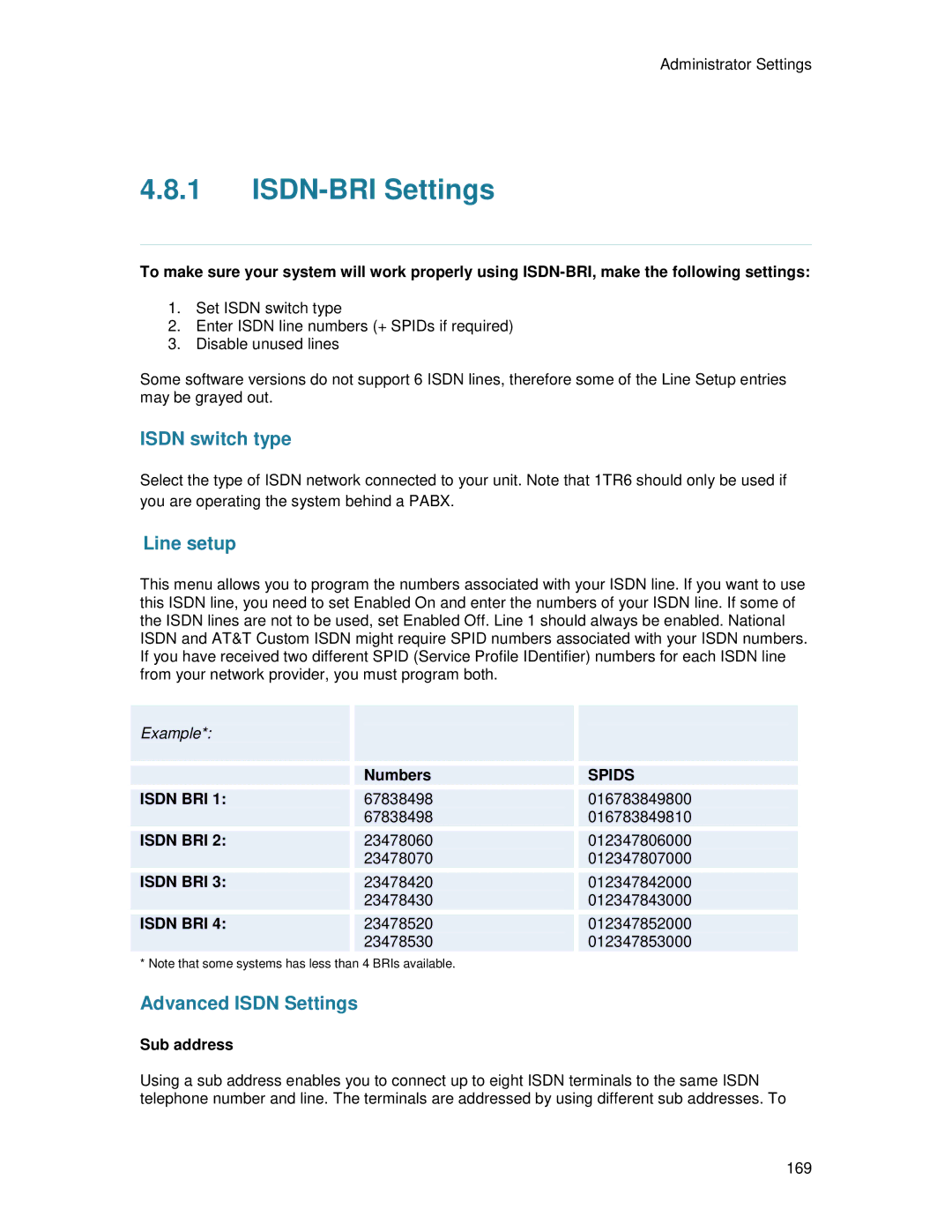 TANDBERG T2000 MXP user manual ISDN-BRI Settings, Numbers, Sub address 