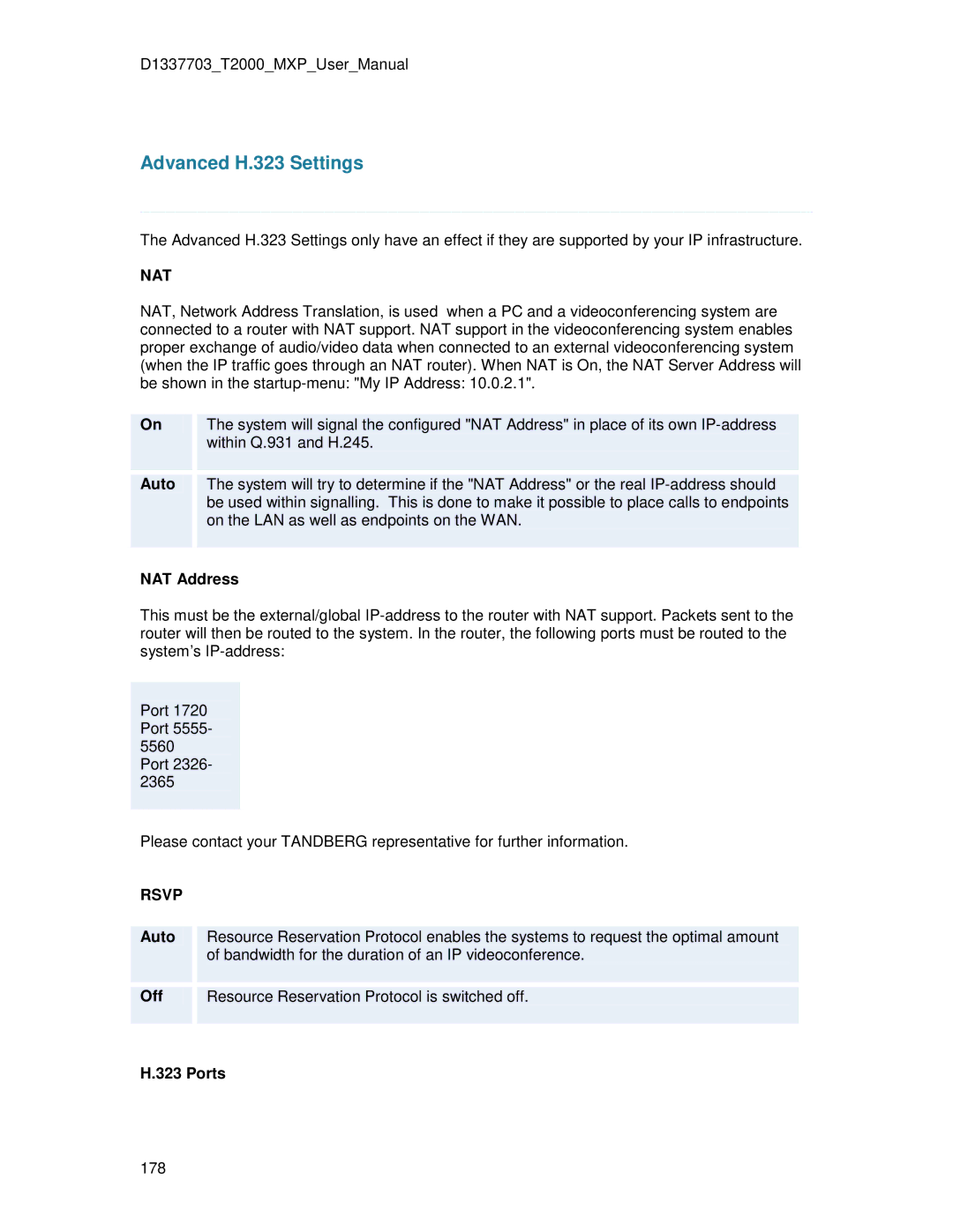 TANDBERG T2000 MXP user manual NAT Address, Ports 