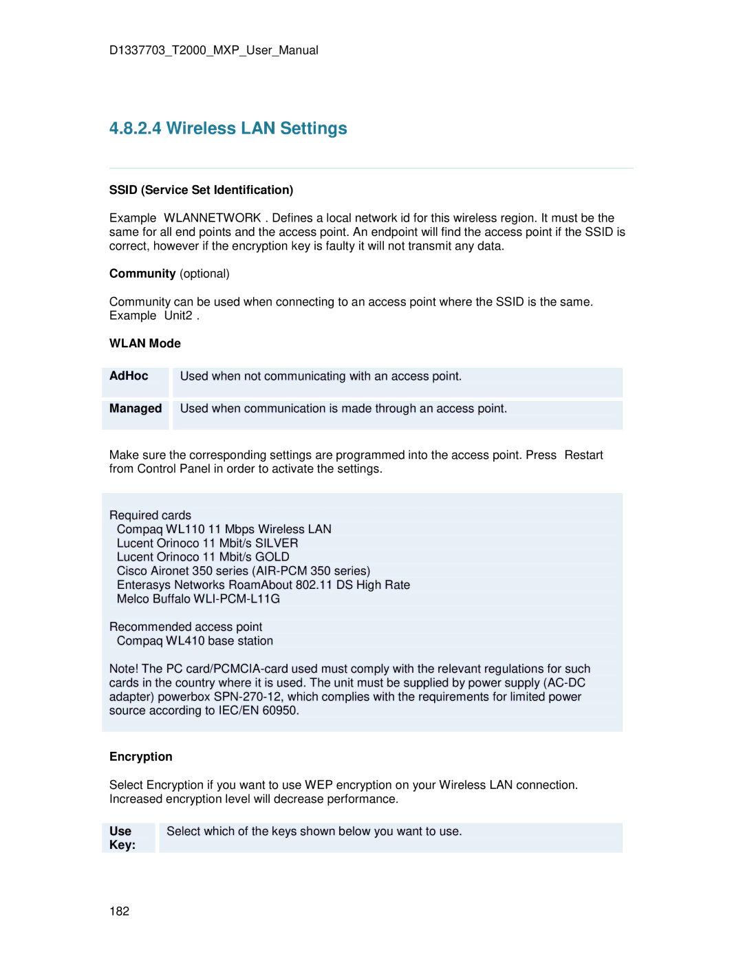 TANDBERG T2000 MXP user manual Wireless LAN Settings 