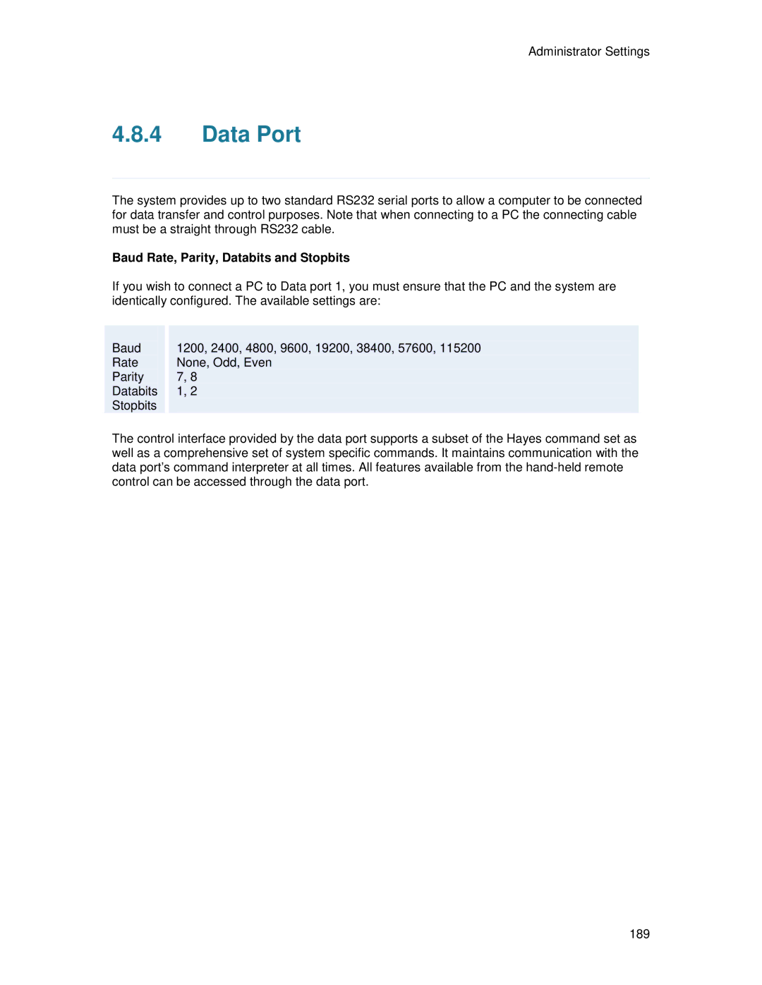 TANDBERG T2000 MXP user manual Data Port, Baud Rate, Parity, Databits and Stopbits 