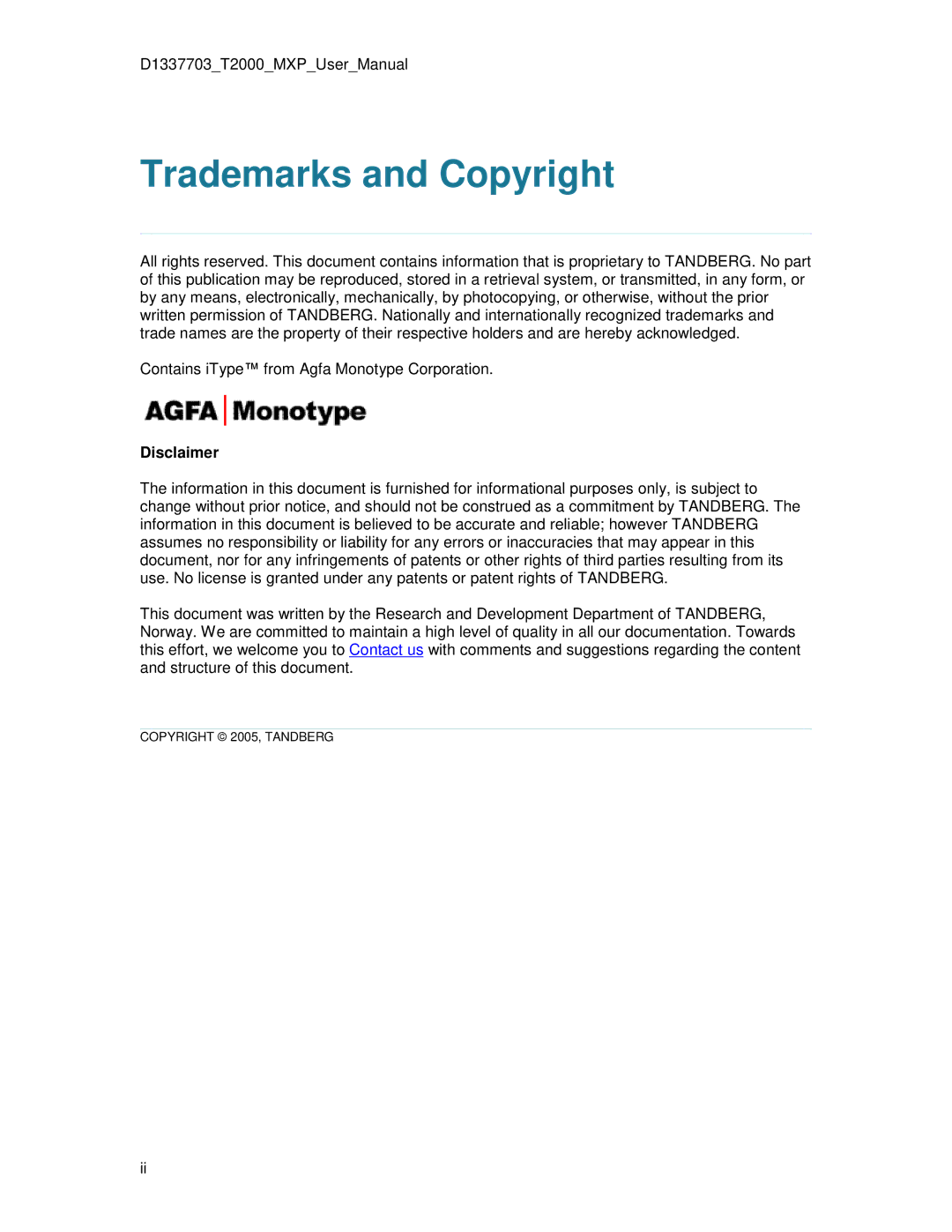 TANDBERG T2000 MXP user manual Trademarks and Copyright, Disclaimer 