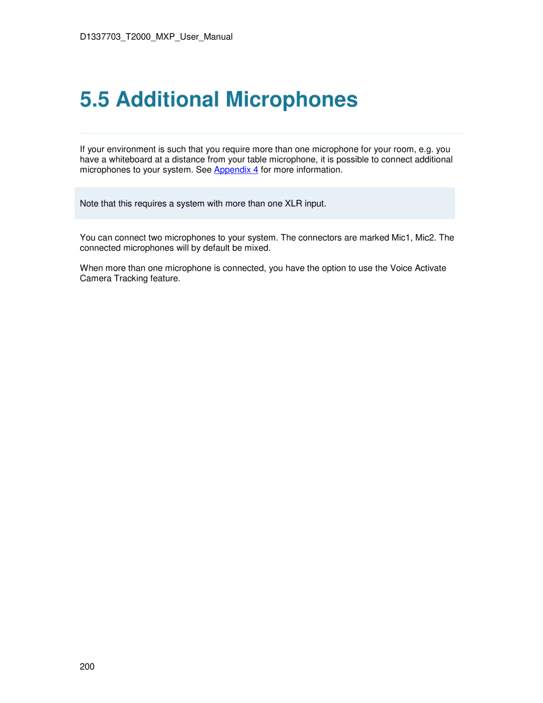 TANDBERG T2000 MXP user manual Additional Microphones 