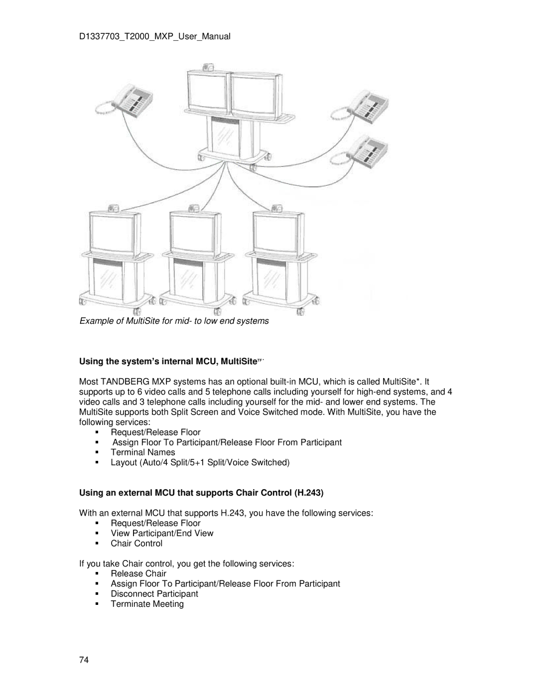 TANDBERG T2000 MXP Using the system’s internal MCU, MultiSiteTF, Using an external MCU that supports Chair Control H.243 