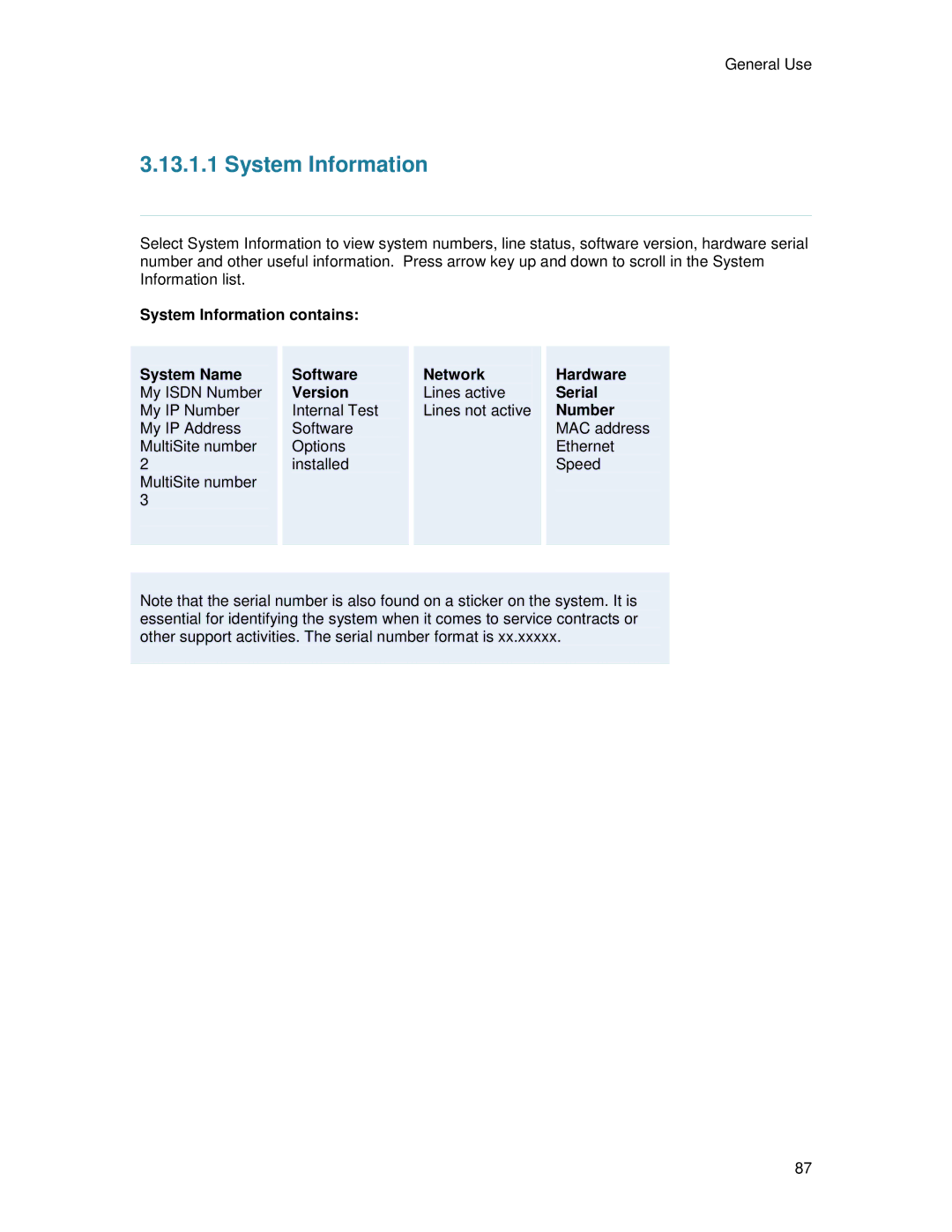 TANDBERG T2000 MXP user manual System Information contains System Name, Hardware Serial Number 