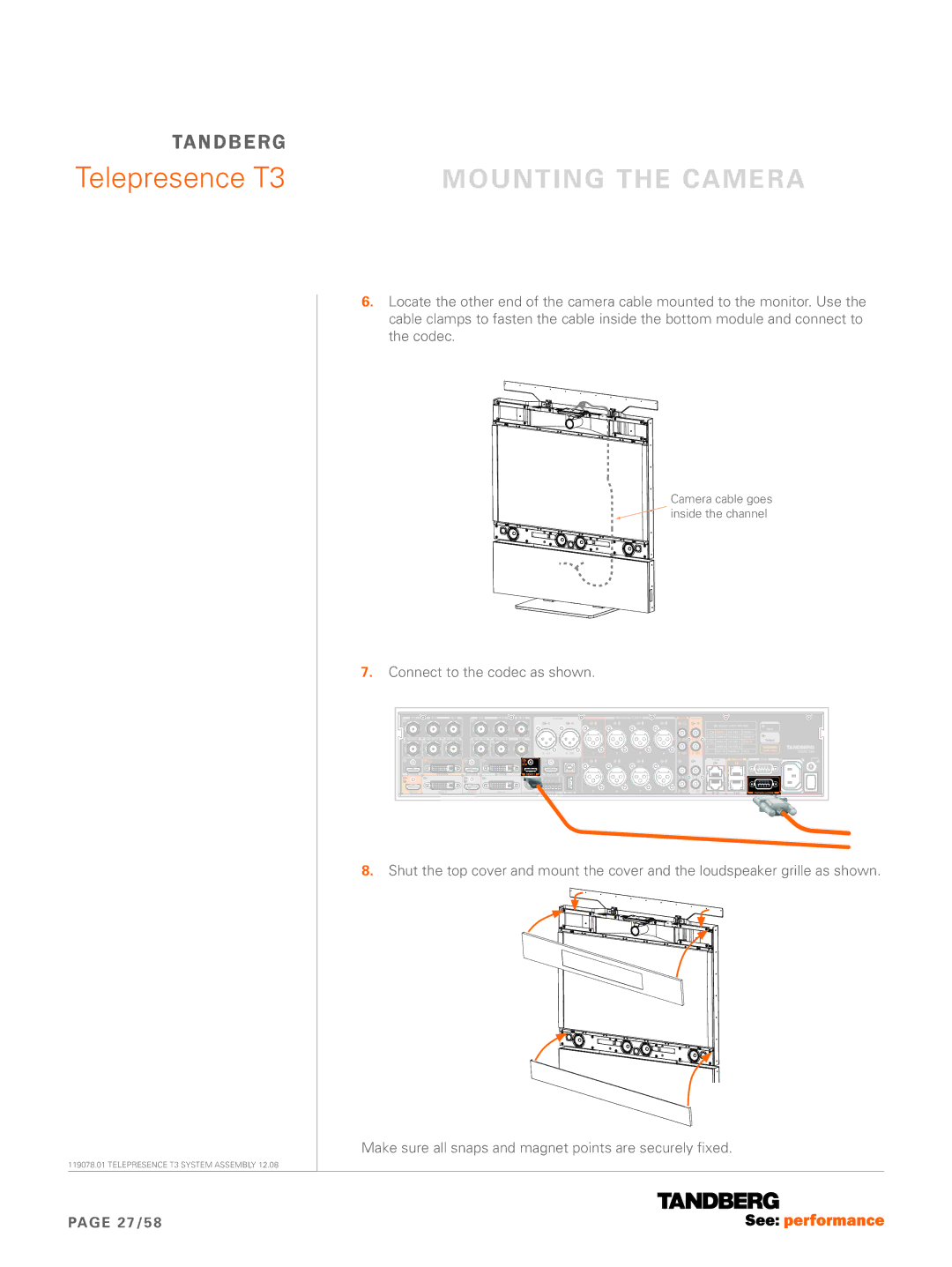 TANDBERG T3 manual Mounting the Camera 