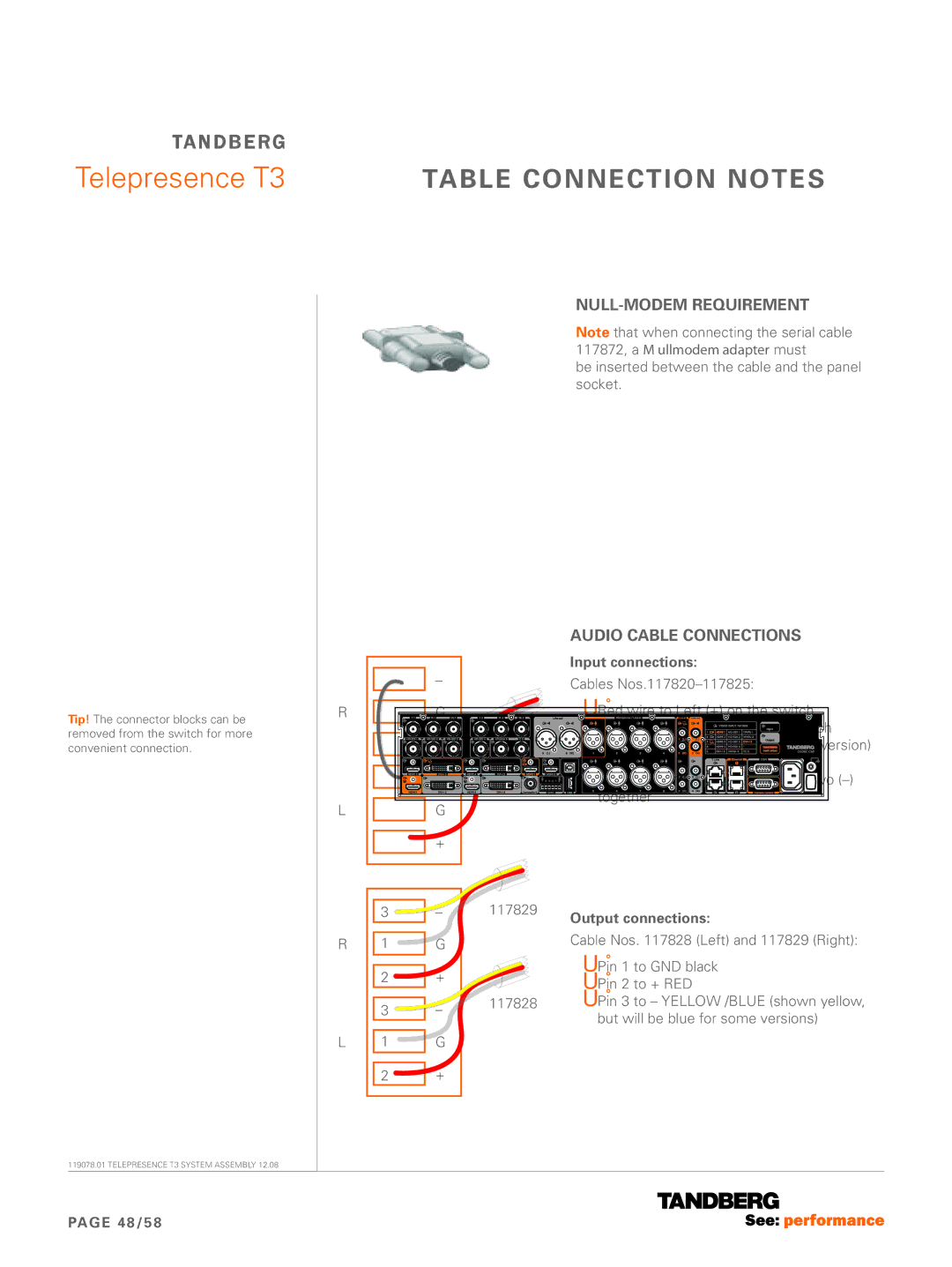 TANDBERG T3 manual Table Connection notes, Null-modem requirement Audio cable connections 