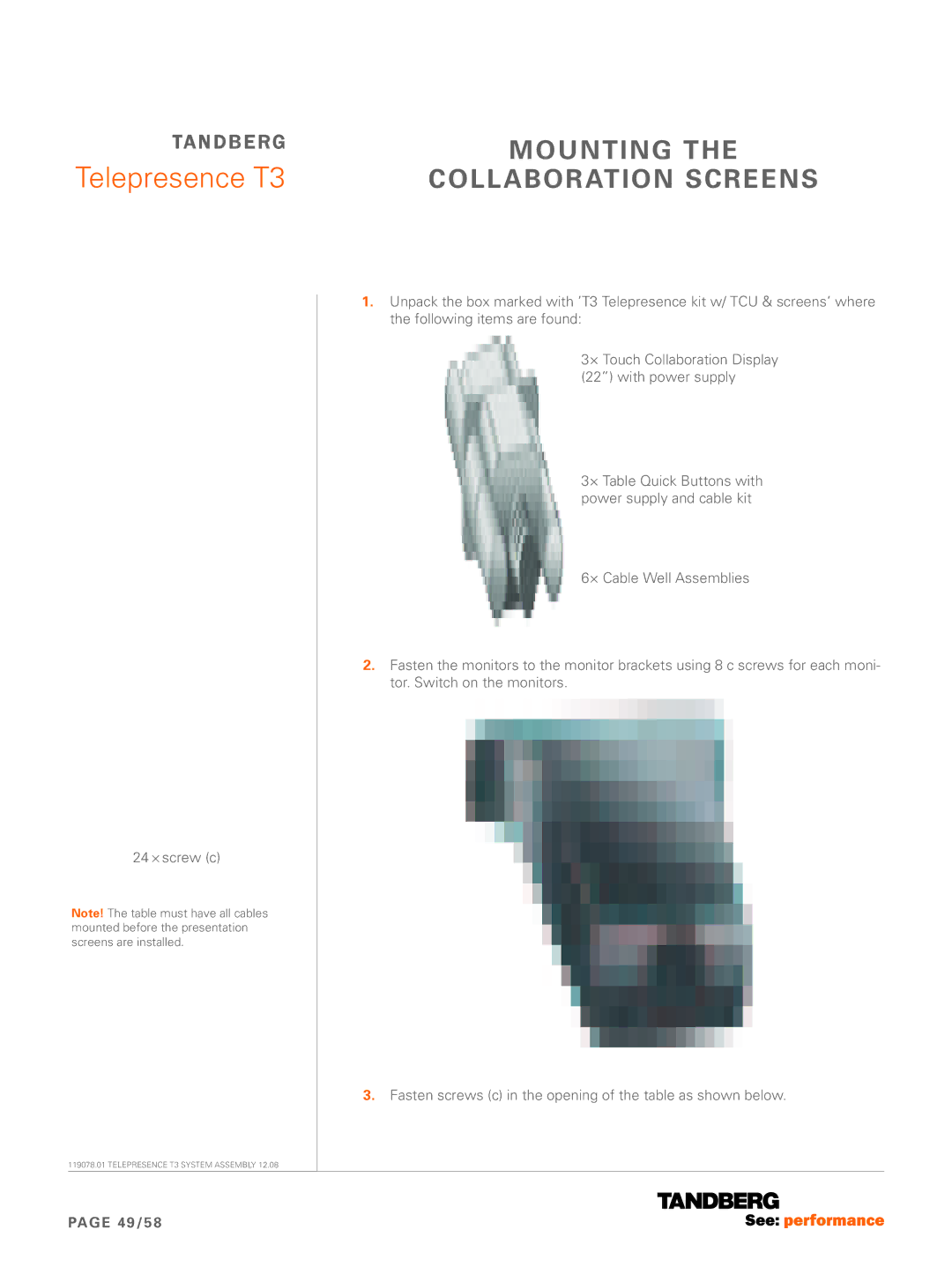 TANDBERG T3 manual Mounting, Collaboration screens 