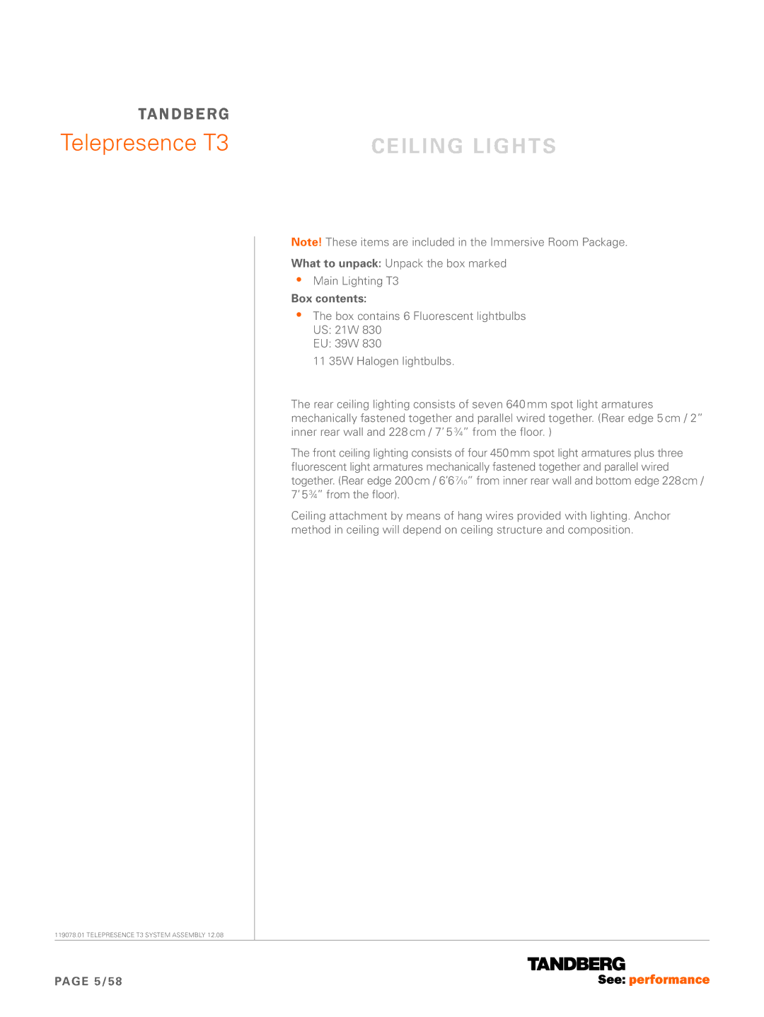 TANDBERG manual Telepresence T3, Ceiling lights 