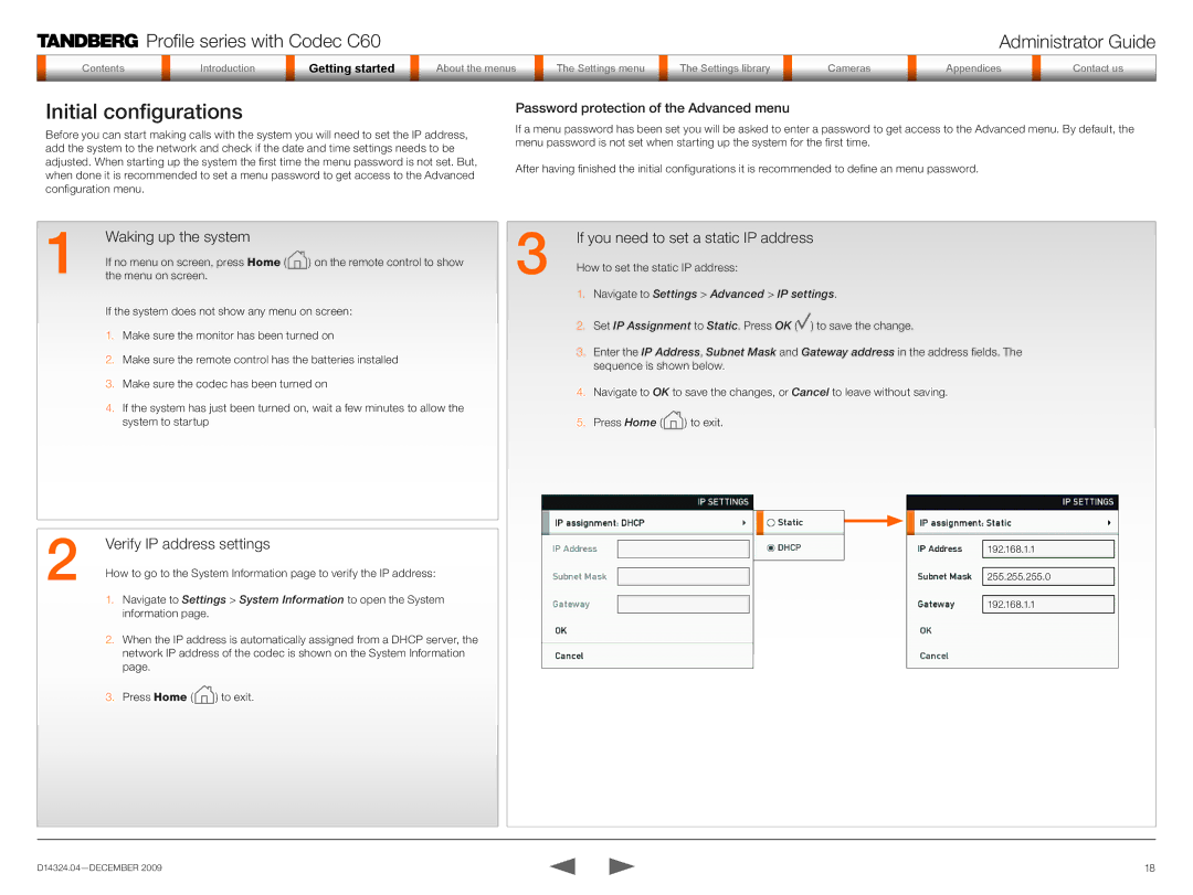 TANDBERG TC2.1 manual Initial configurations, Waking up the system, Verify IP address settings 