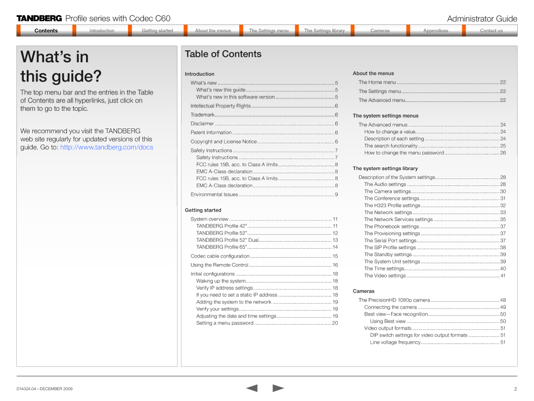 TANDBERG TC2.1 manual This guide?, Table of Contents 