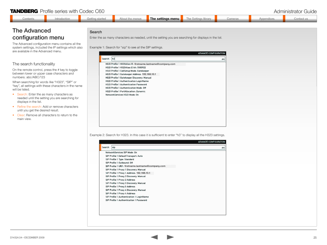 TANDBERG TC2.1 manual Advanced configuration menu, Search functionality 