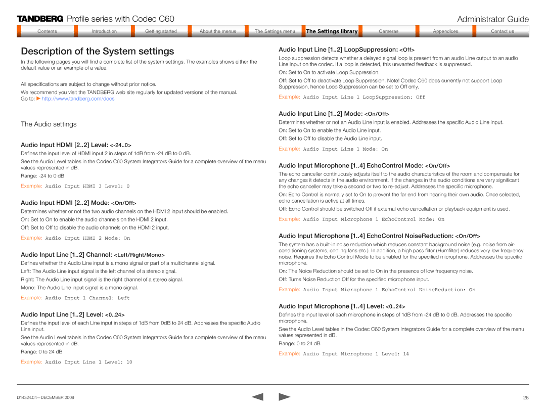 TANDBERG TC2.1 manual Description of the System settings, Audio settings 