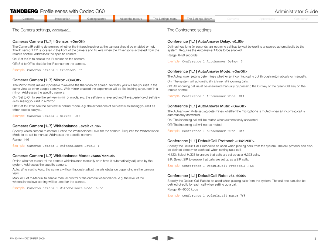 TANDBERG TC2.1 manual Conference settings 