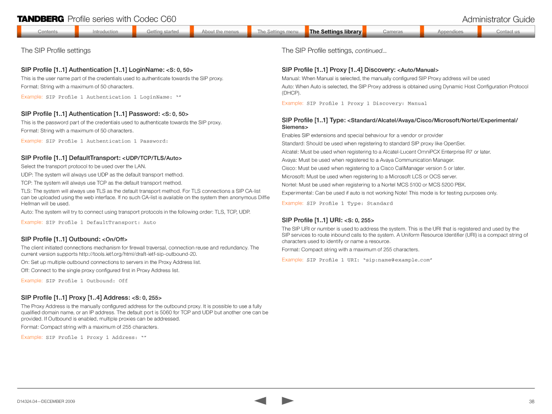 TANDBERG TC2.1 manual SIP Profile settings 