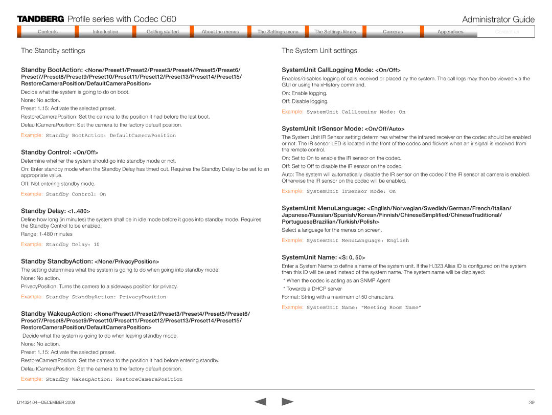 TANDBERG TC2.1 manual Standby settings 