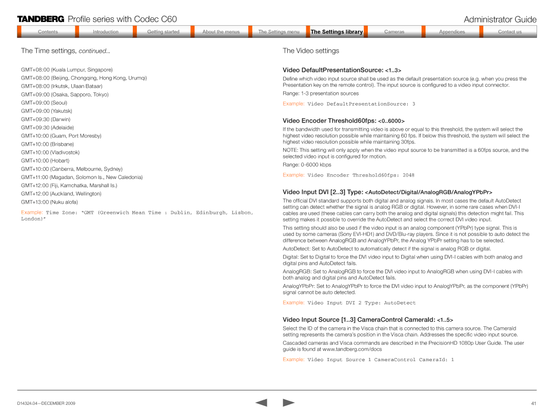 TANDBERG TC2.1 manual Video settings, Video DefaultPresentationSource, Video Encoder Threshold60fps 