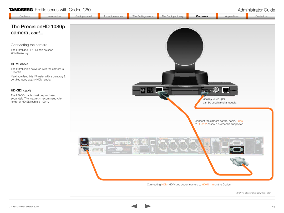 TANDBERG TC2.1 manual PrecisionHD 1080p Camera, Connecting the camera, Hdmi cable, HD-SDI cable 