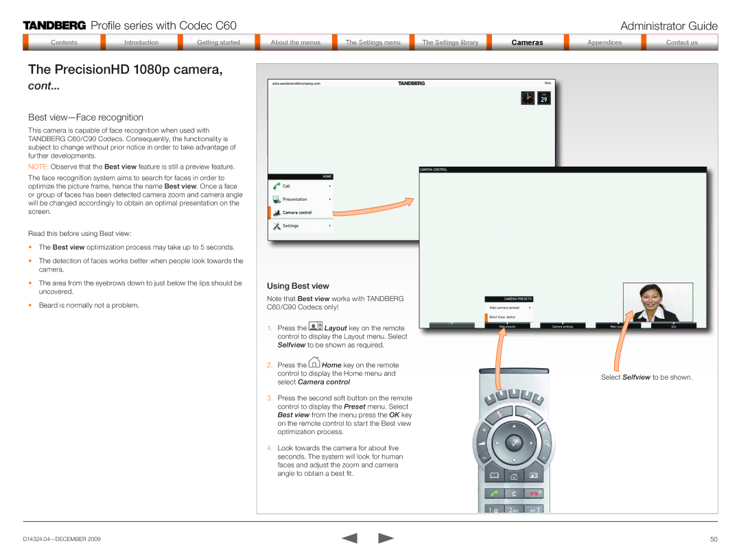 TANDBERG TC2.1 manual Best view-Face recognition, Using Best view 