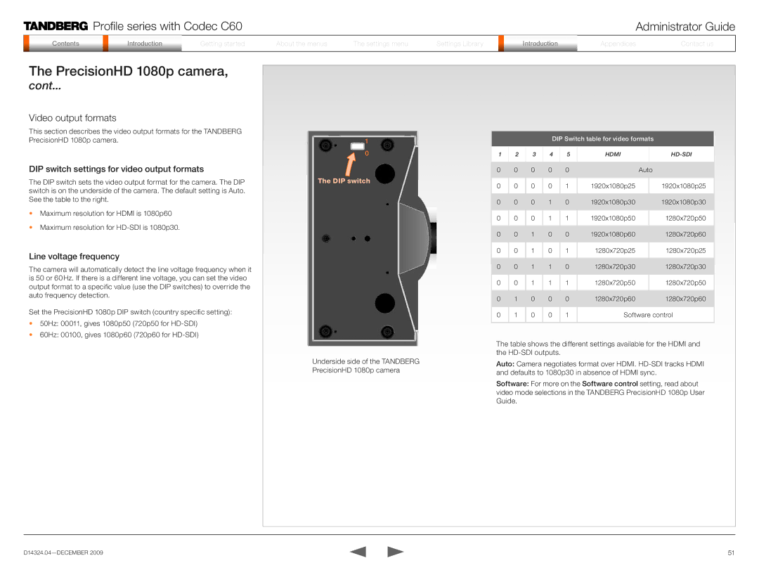 TANDBERG TC2.1 manual Video output formats, DIP switch settings for video output formats, Line voltage frequency 