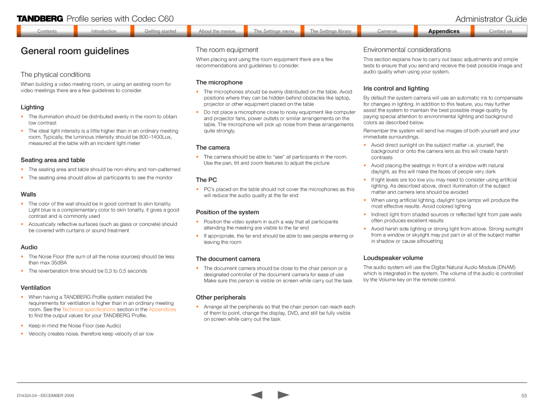 TANDBERG TC2.1 manual General room guidelines, Physical conditions, Room equipment, Environmental considerations 