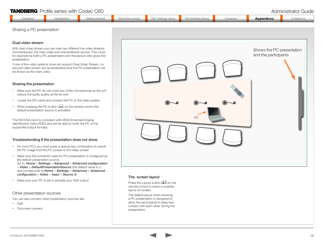 TANDBERG TC2.1 manual Sharing a PC presentation, Other presentation sources, Shows the PC presentation and the participants 