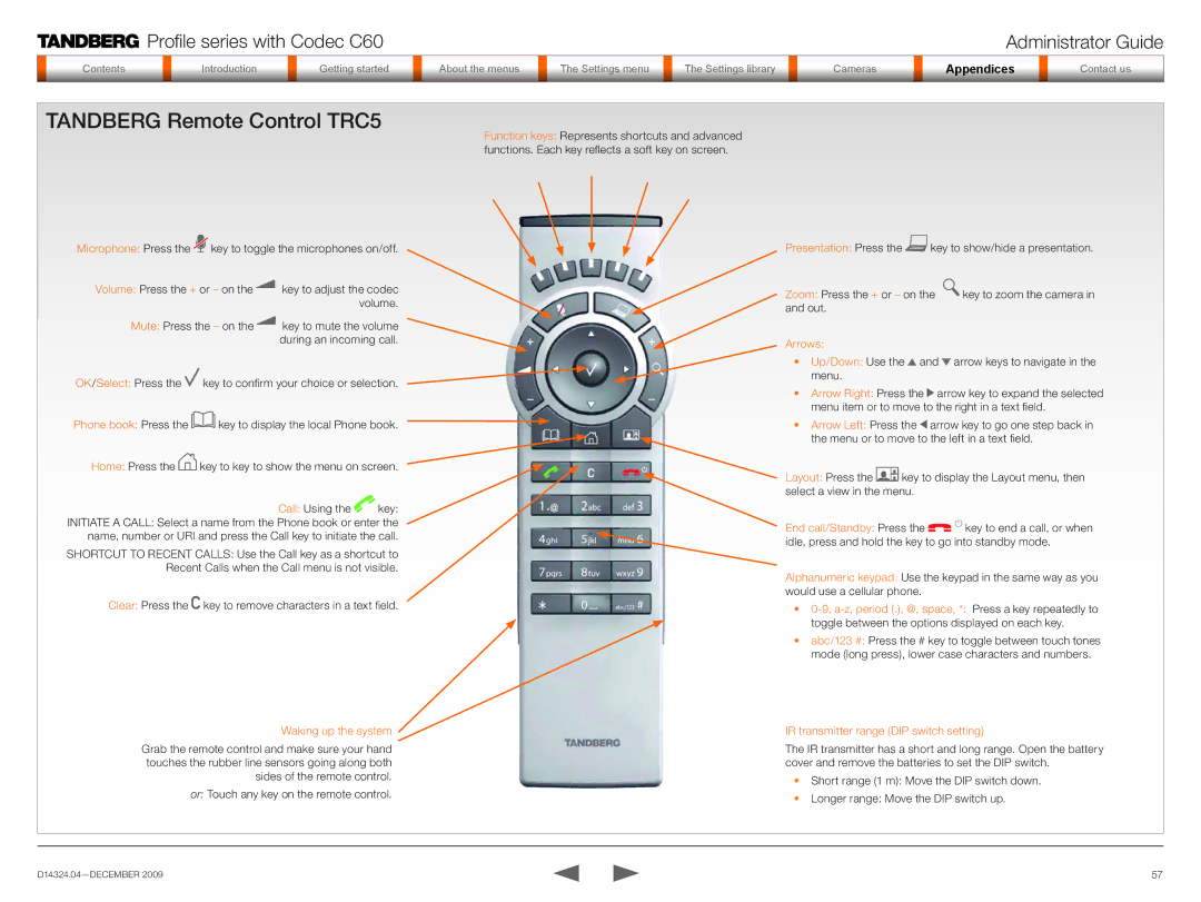 TANDBERG TC2.1 manual Tandberg Remote Control TRC5, Microphone Press the key to toggle the microphones on/off 