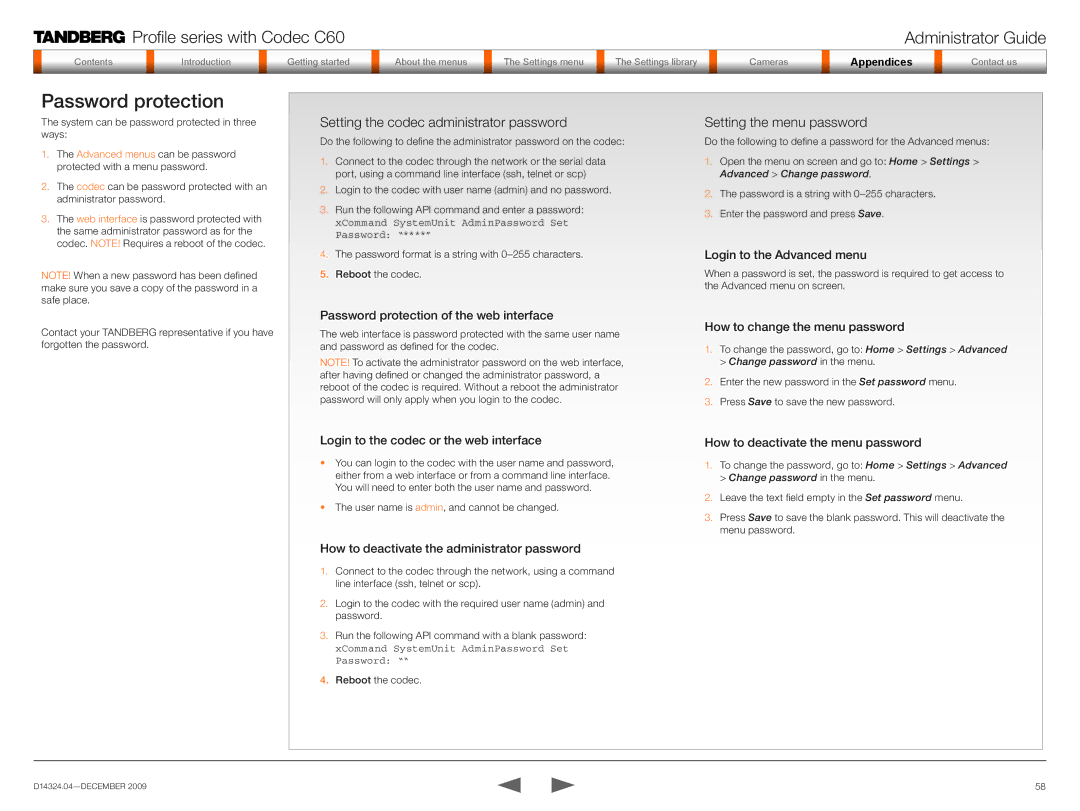 TANDBERG TC2.1 manual Password protection, Setting the codec administrator password, Setting the menu password 