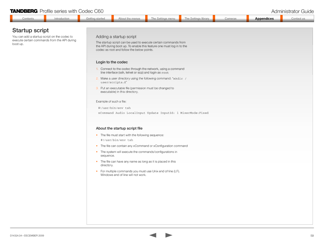 TANDBERG TC2.1 manual Startup script, Adding a startup script, Login to the codec, About the startup script file 